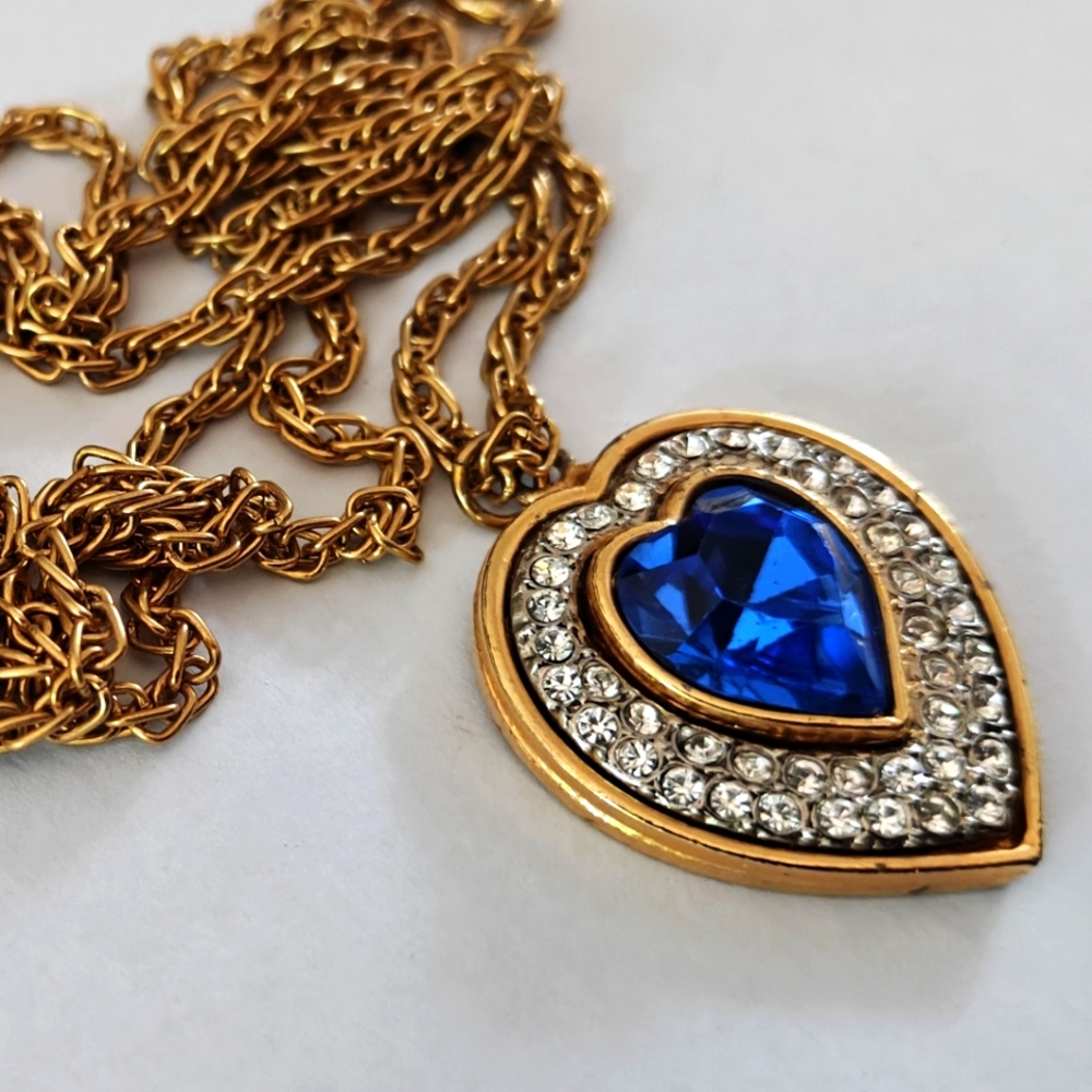 Vintage D'Orlan Gold Heart Pendant Necklace with Blue Glass